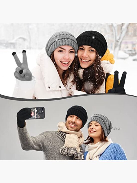Satin Lined Beanie Hat and Gloves Set Knit Slouchy Winter Skull Cap Touchscreen